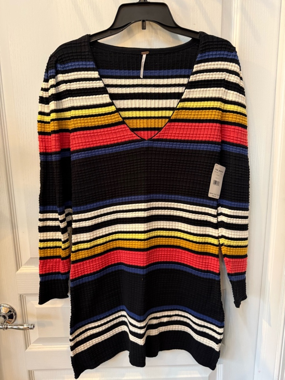NWT Free People Black, Red, Blue & Yellow Striped Knit Top